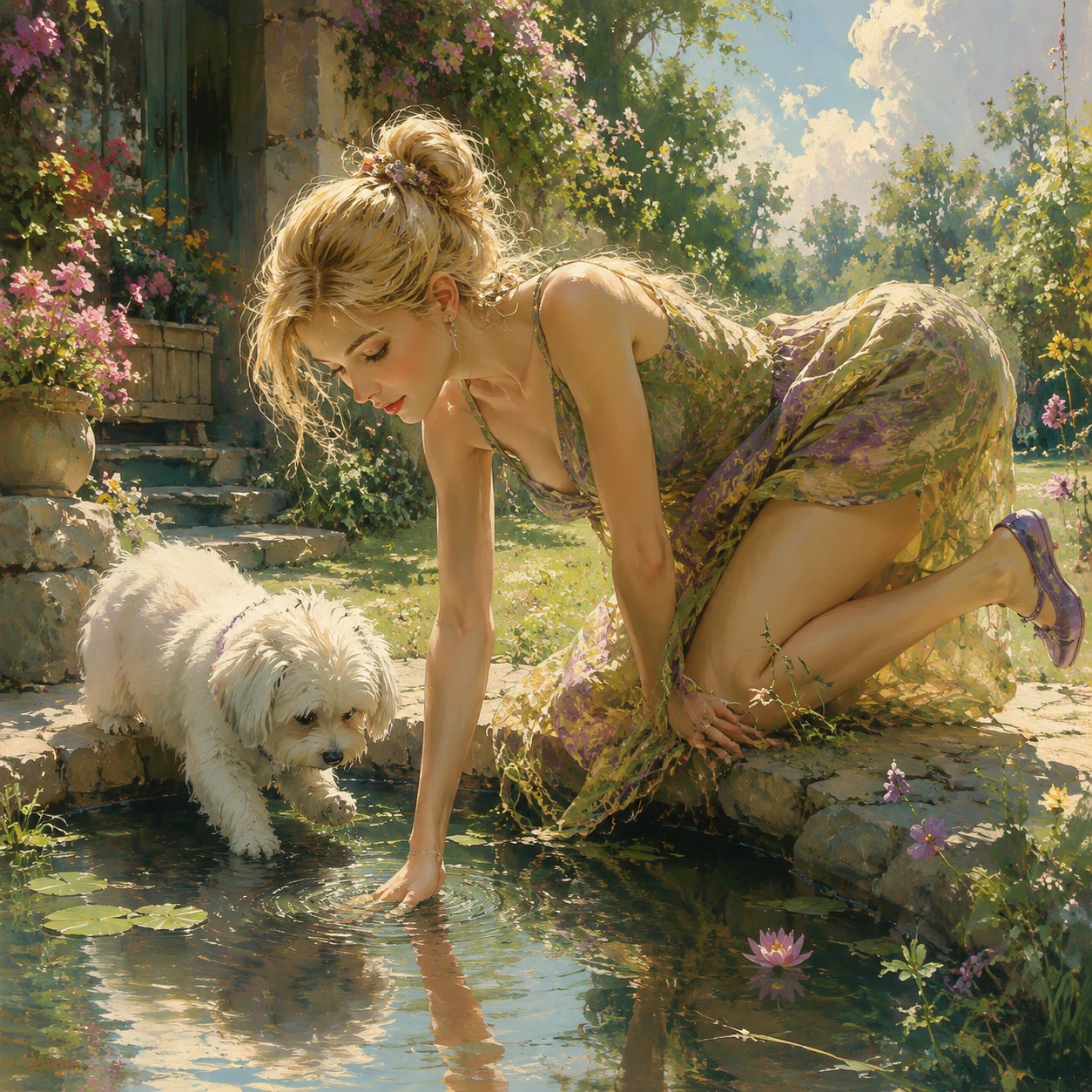Girl in olive dress touching a sunlit garden pond