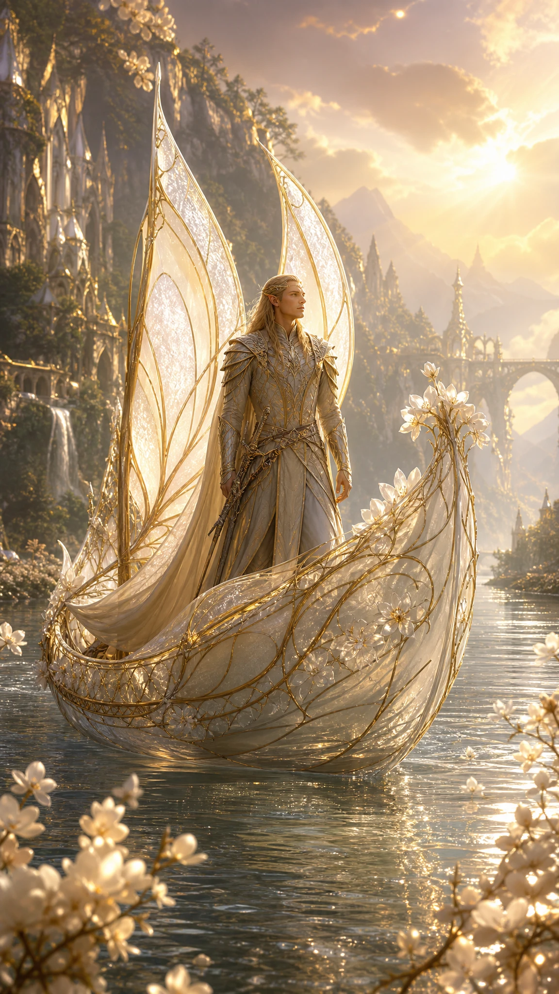 Elven warrior on a blossom ship along a silver river