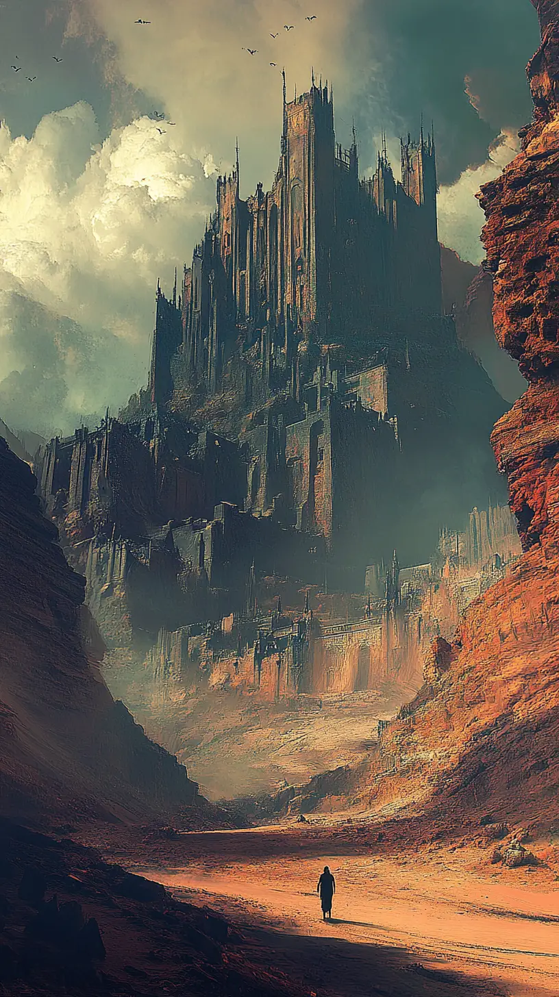 Mystical oasis beside a crumbling fortress in wasteland