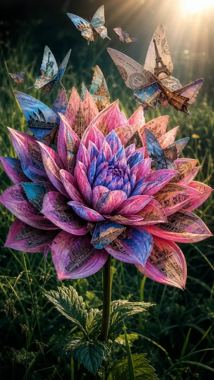 Glowing Dahlia Flower With Origami Butterflies In Meadow