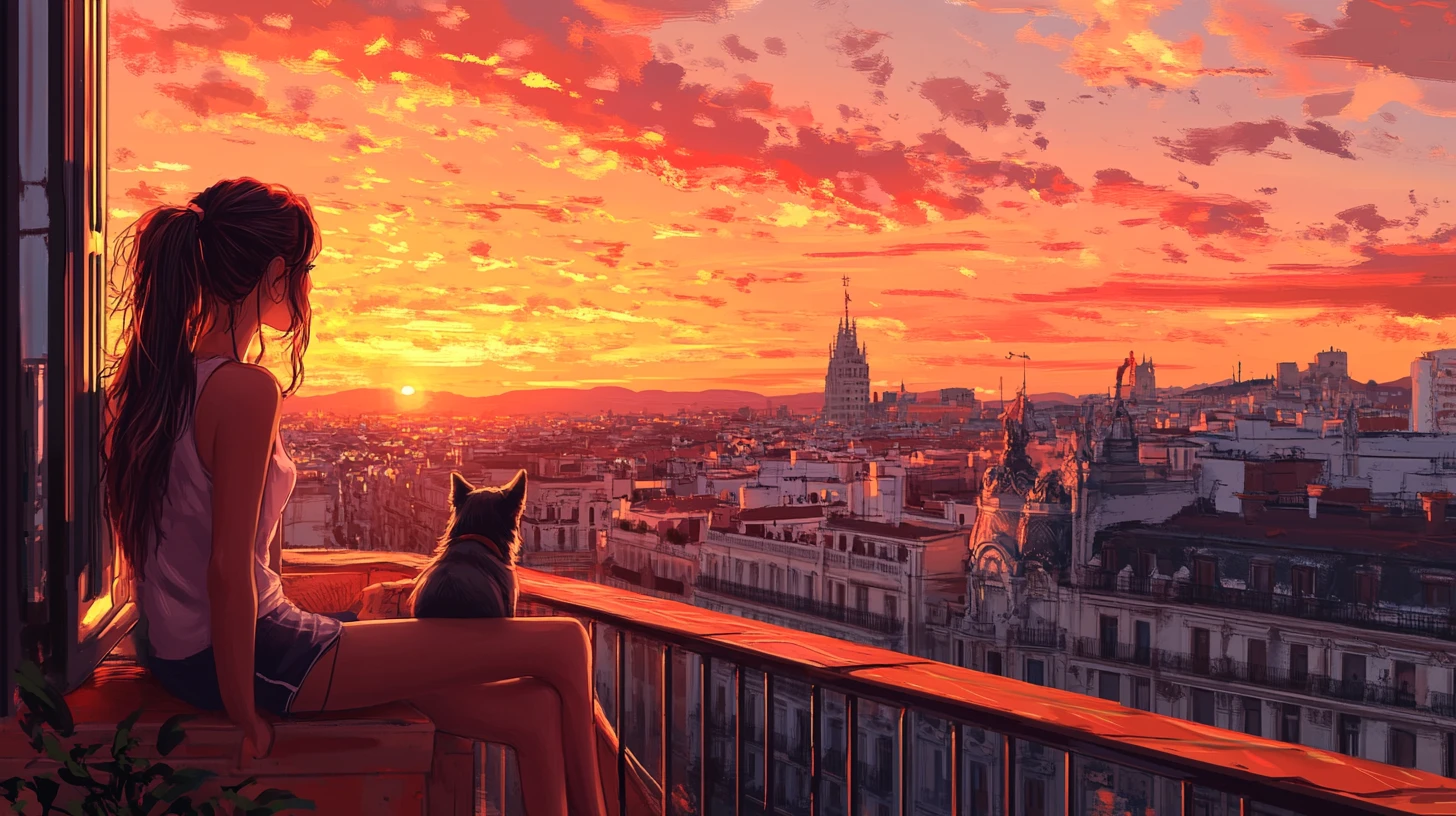 Anime woman with shih tzu on terrace at madrid sunset
