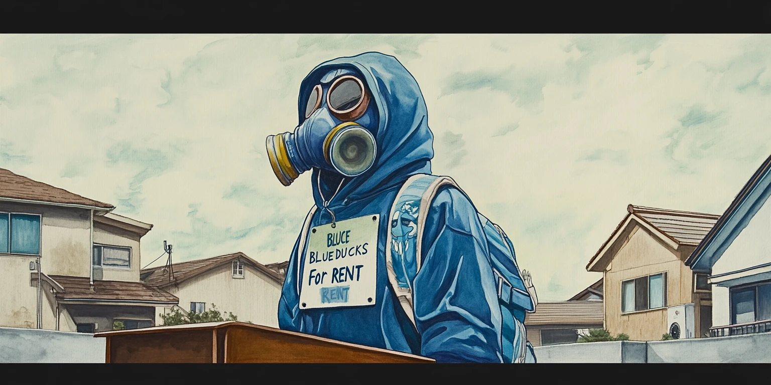 Man in duck gas mask standing at urban rental podium