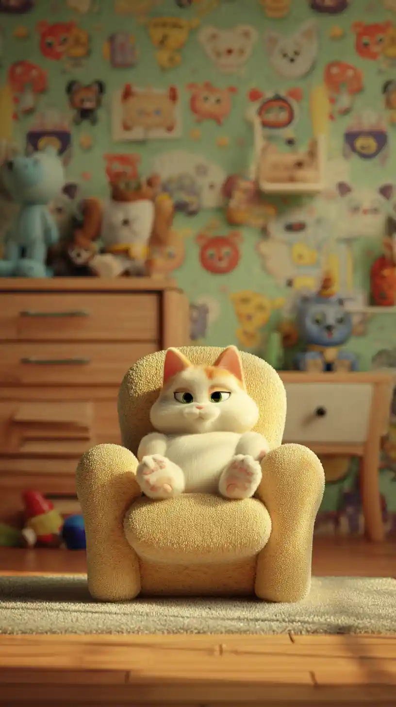 Cute cat sitting like a tiny boss in a toy chair