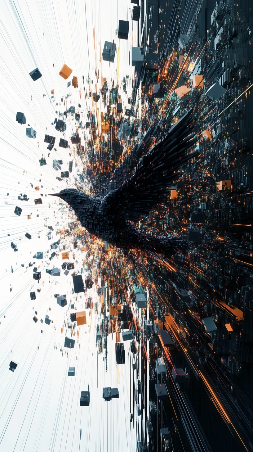Bird Disintegrating Into Voxel Cubes And Data Streaks