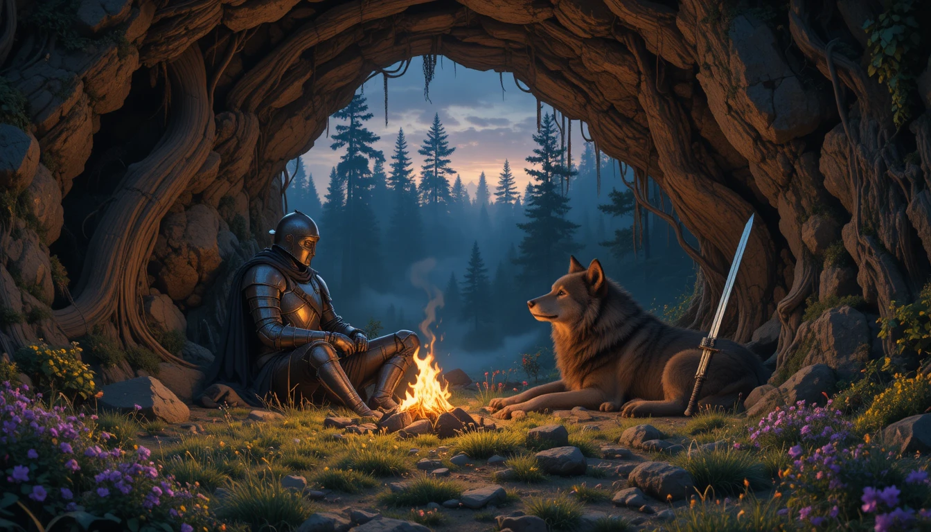 Knight Resting By Campfire At Cave Entrance With Wolf
