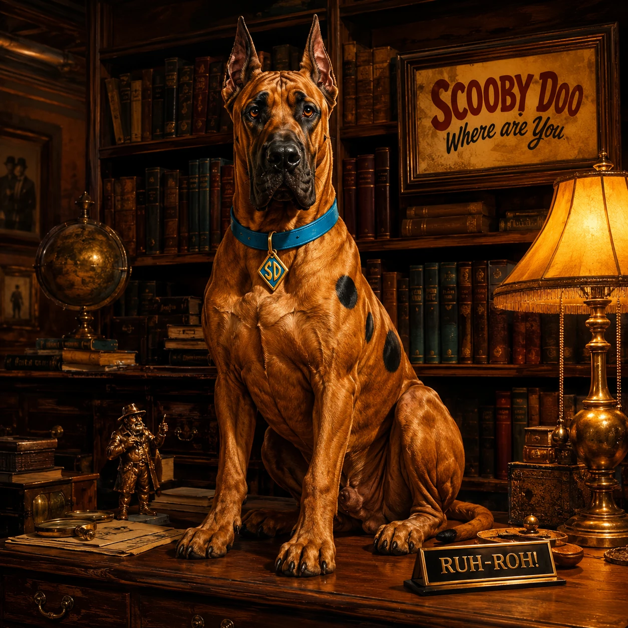 Great Dane on a warm lit desk in a book lined office