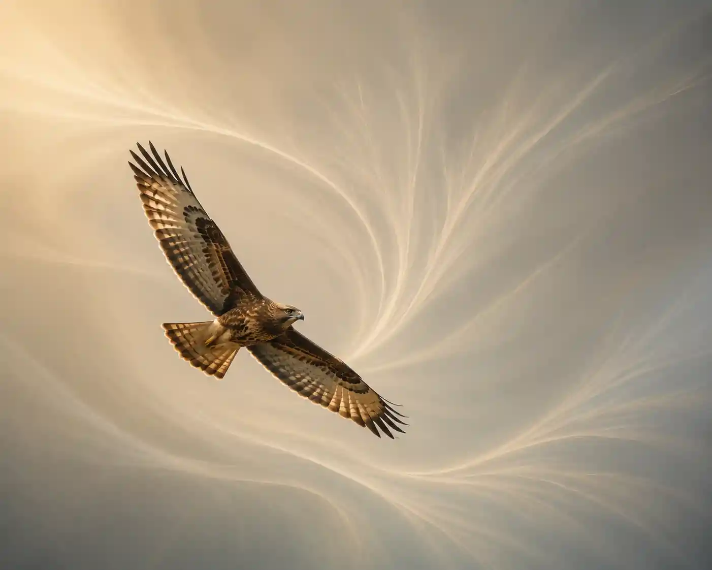 Hawk gliding gracefully against abstract flowing air patterns