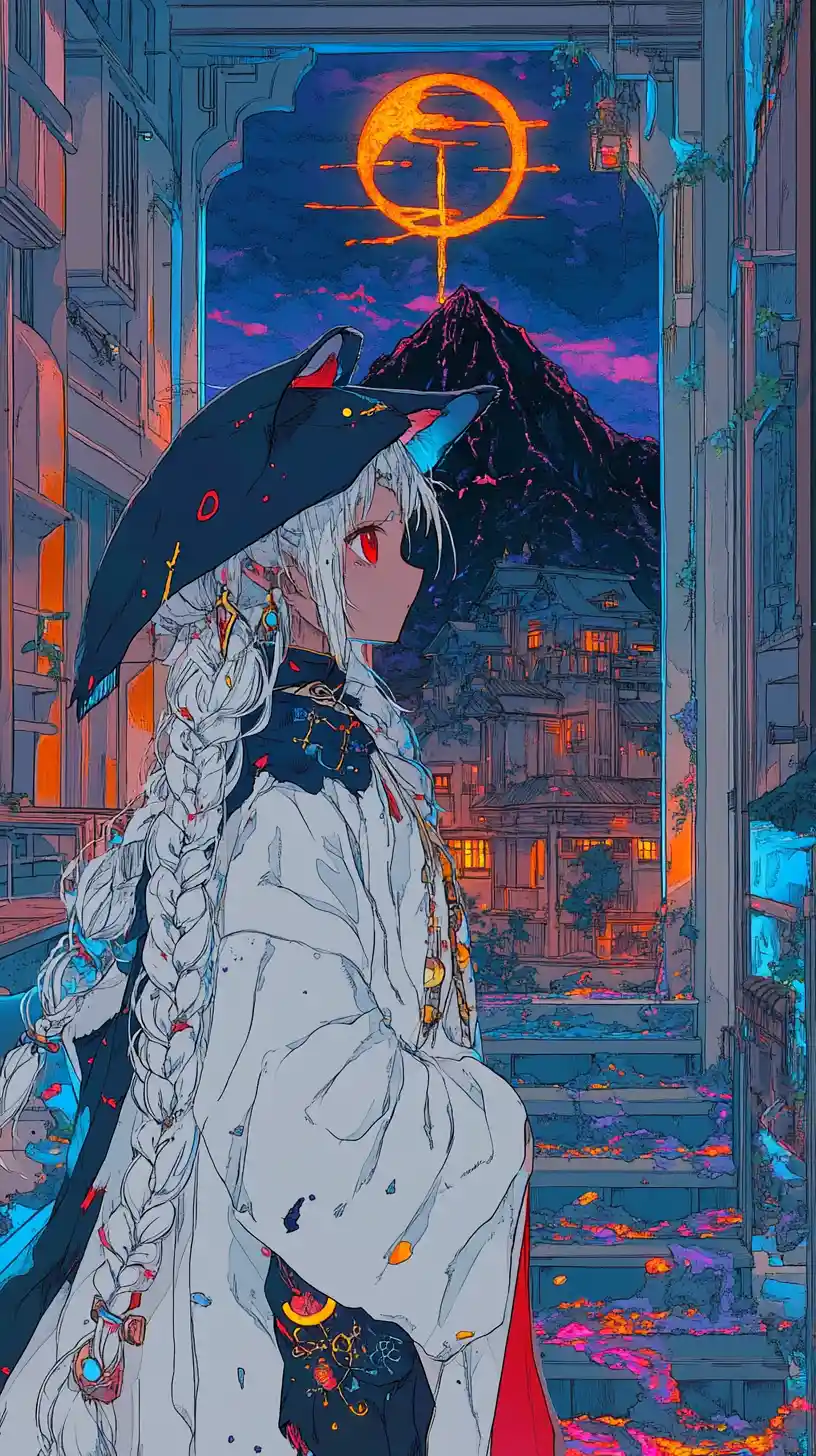 Anime chase after a black cat on an old house staircase