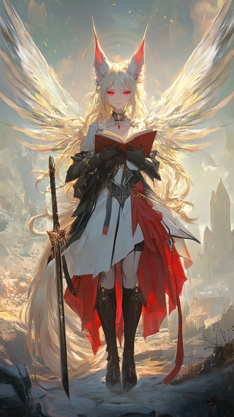 Angel winged girl with spear before desert castle