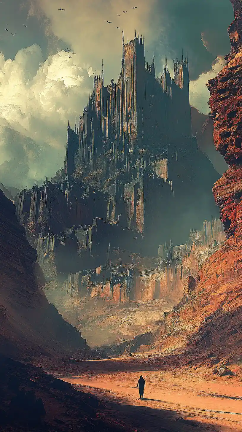 Mystical oasis beside a crumbling fortress in wasteland