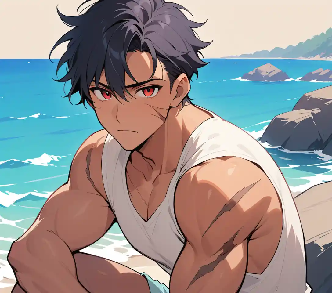 Scarred muscular man with red eyes by the sea