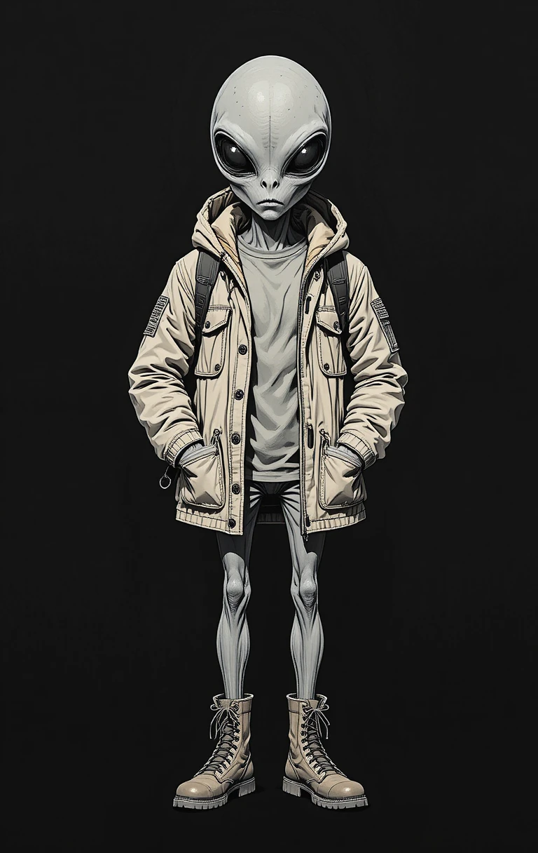 Grey alien in hooded jacket with combat boots
