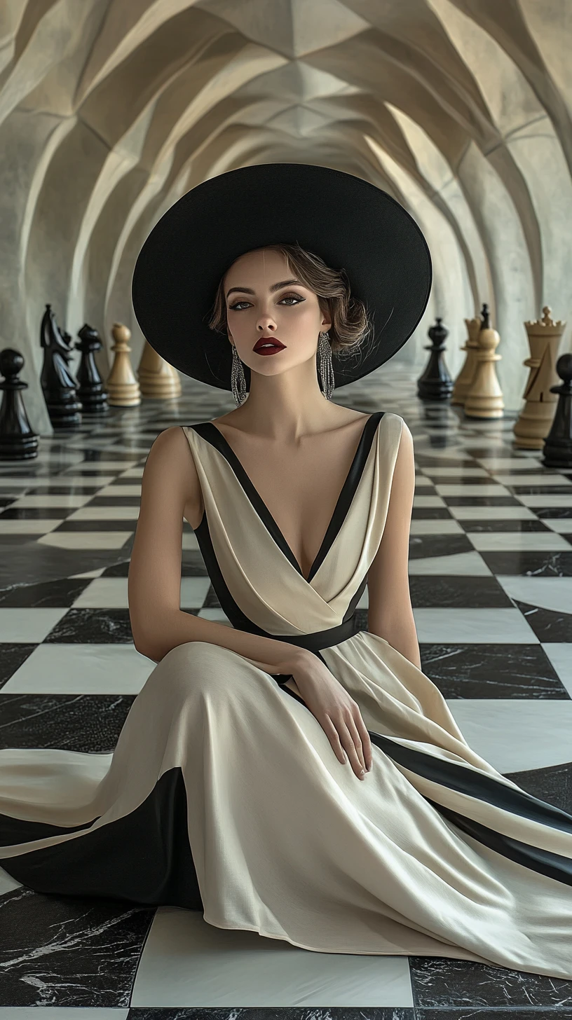 Elegant woman on giant chessboard in surreal architecture