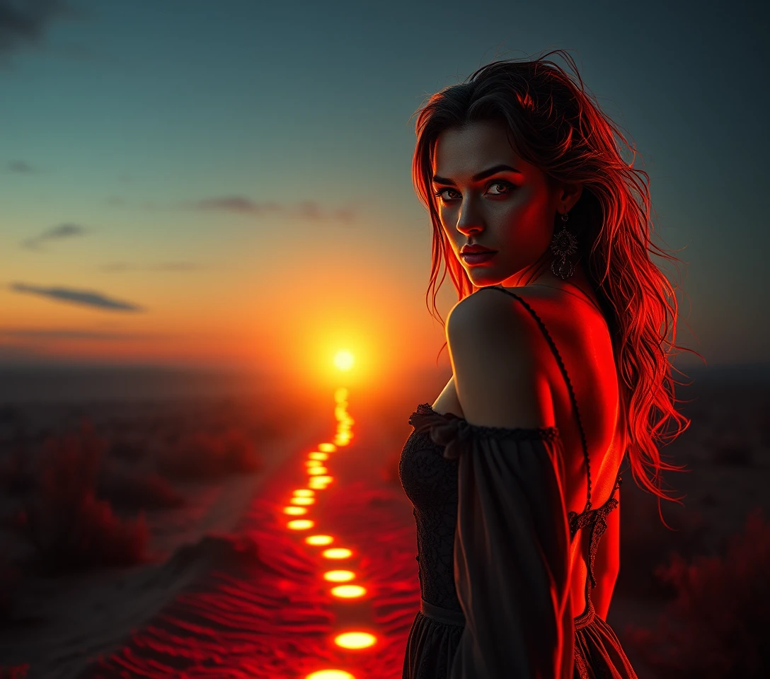 Woman on a glowing path in a surreal dawn landscape