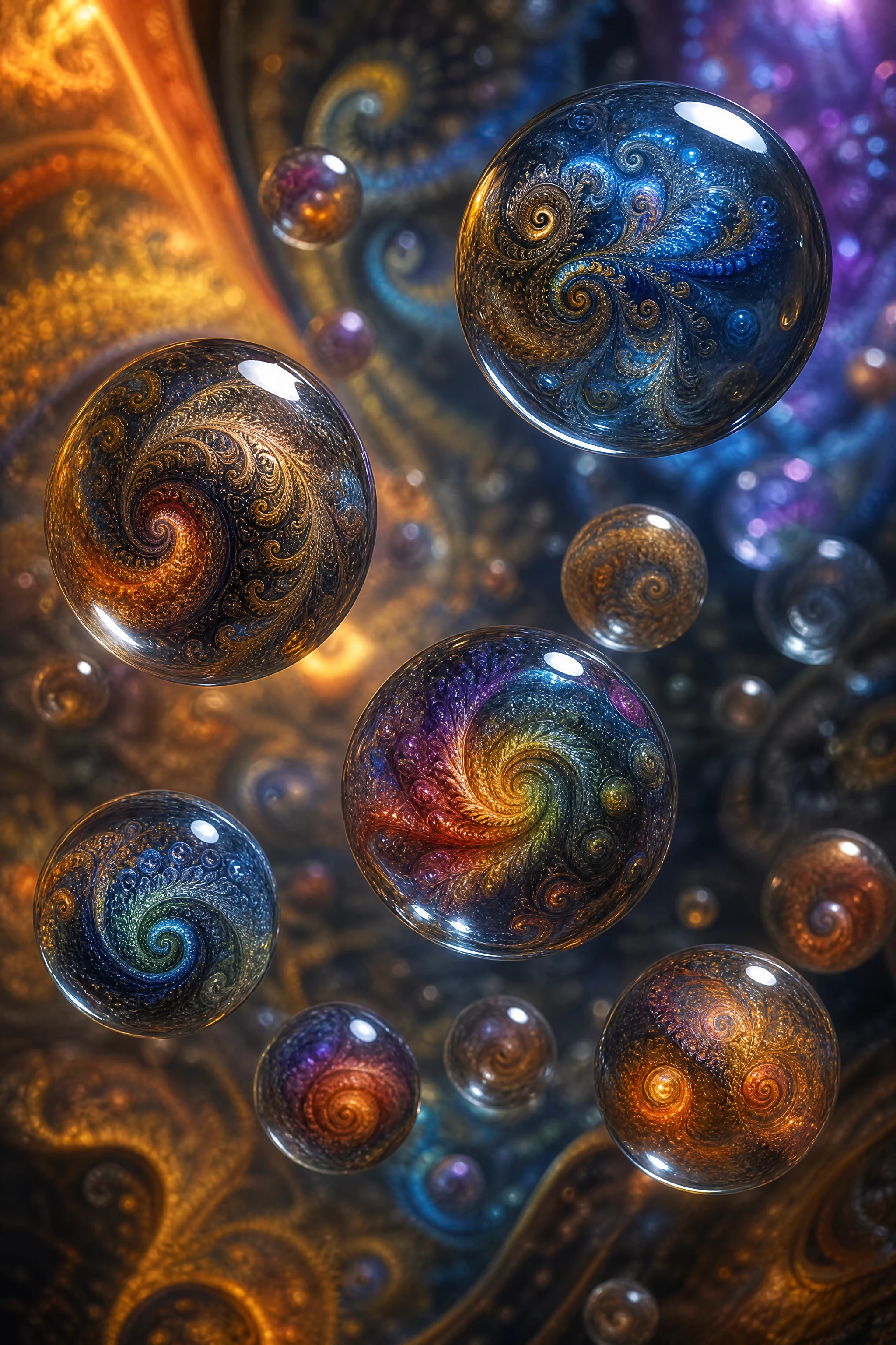 Colorful fractal marbles floating in ethereal abstract space