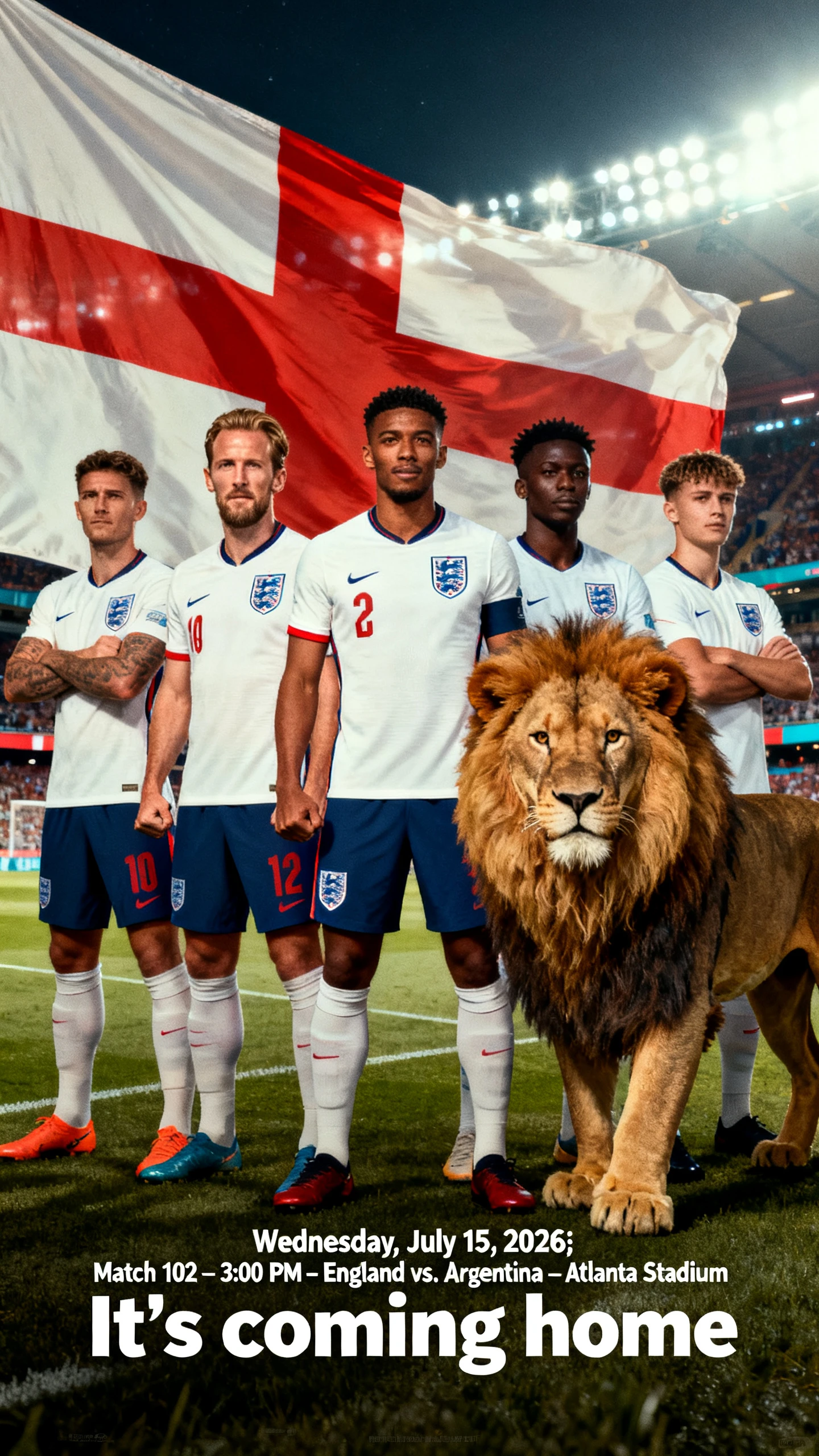 England football stars and lion mascot in stadium poster