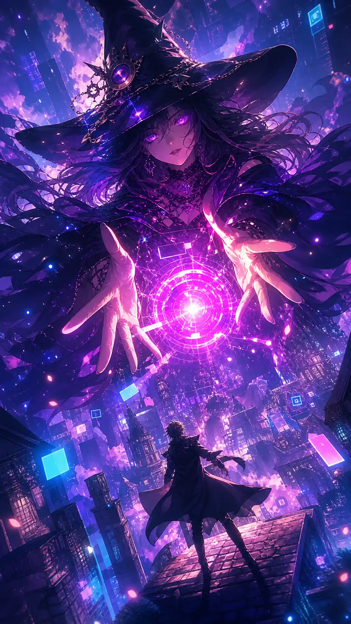 High angle anime witch hovering in glowing magical light