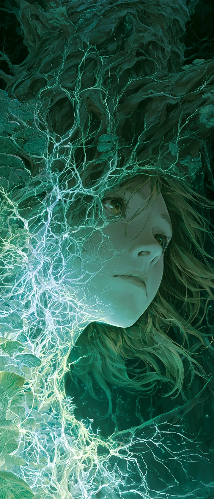 Young spirit girl merging with an ancient tree of light