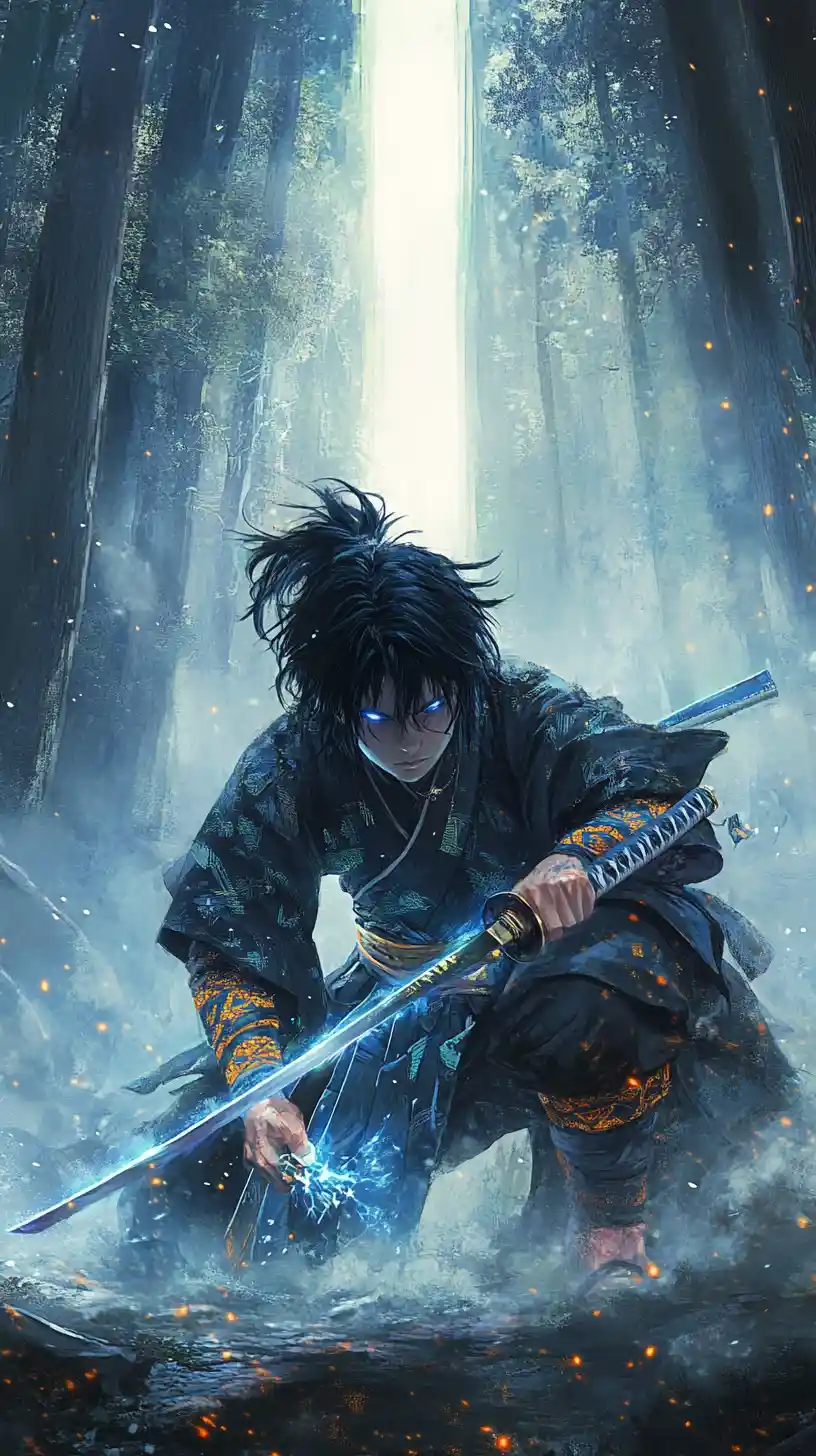 Young samurai drawing a glowing katana in misty forest