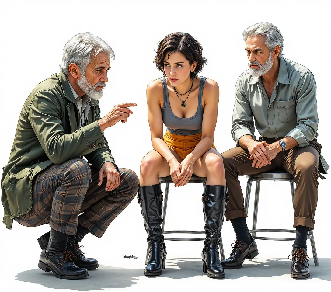 Elderly men in deep conversation in a watercolor scene
