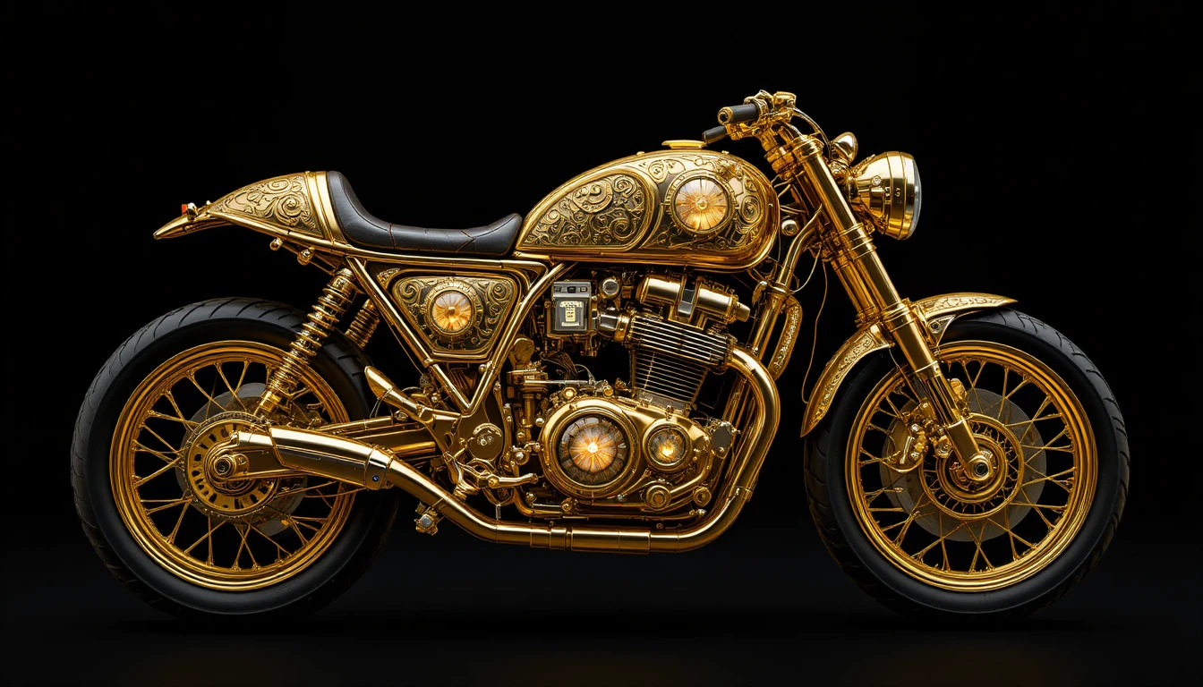 Motocicleta café racer dorada con detalles de joyas brillantes
