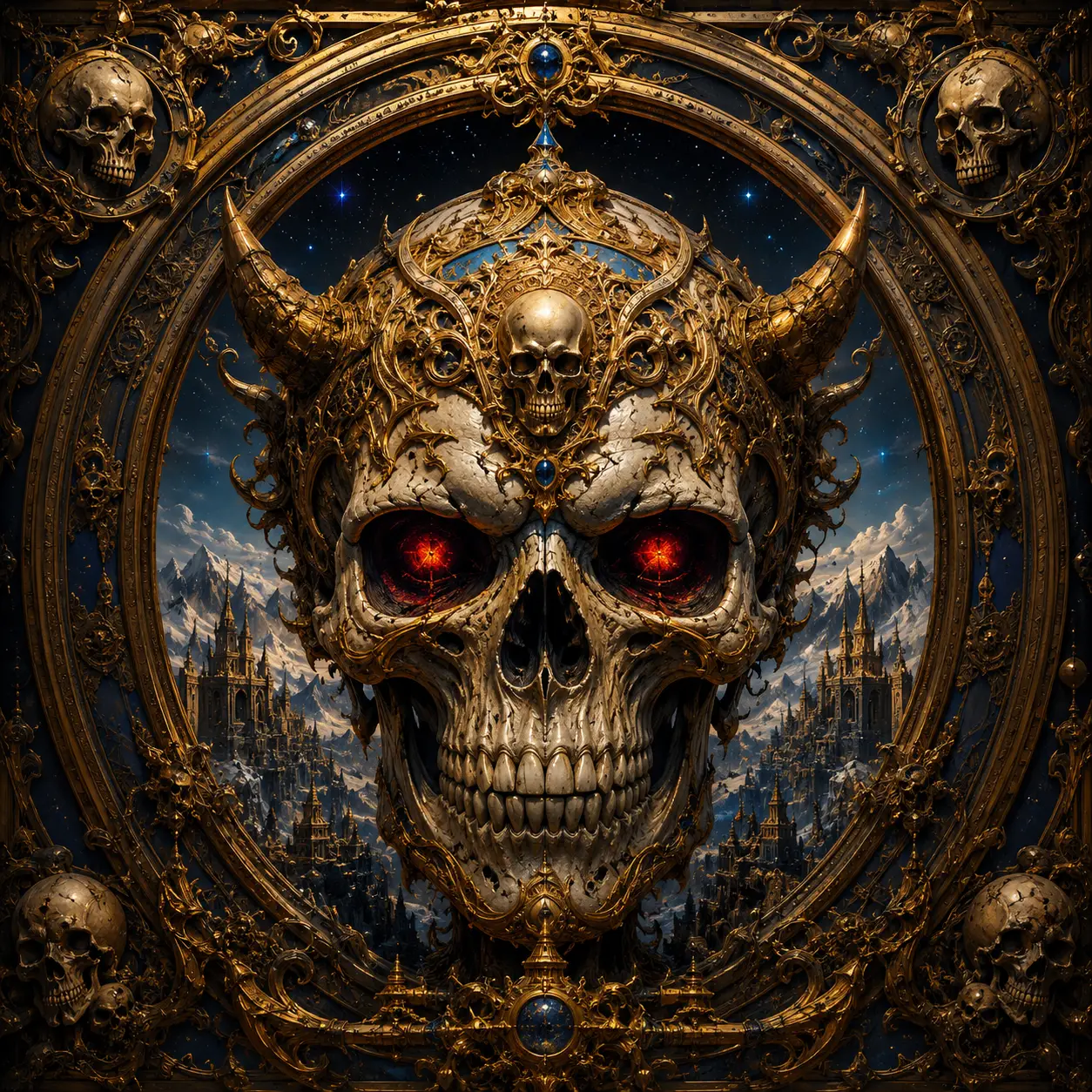 Baroque golden skull with glowing eyes before gothic city