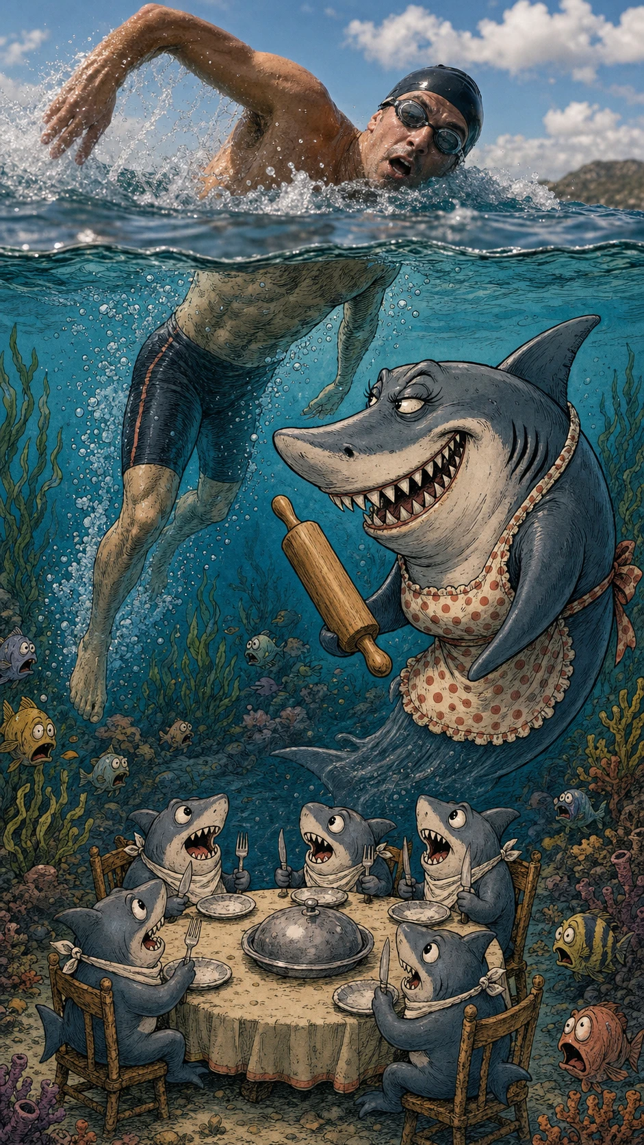 Nadador cortando olas sobre una familia de tiburones de caricatura