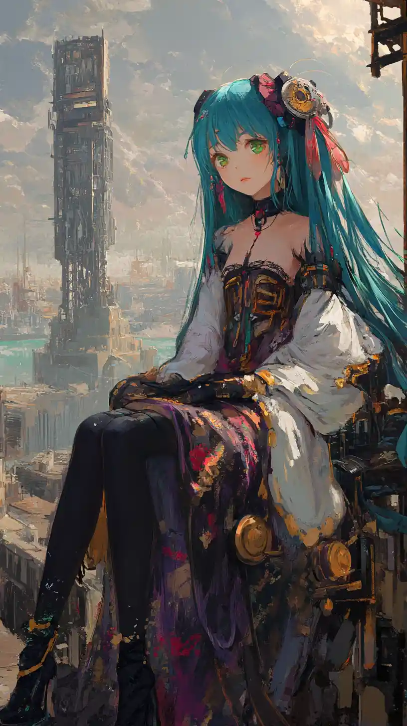 Anime girl with blue hair sitting on a ruined robot