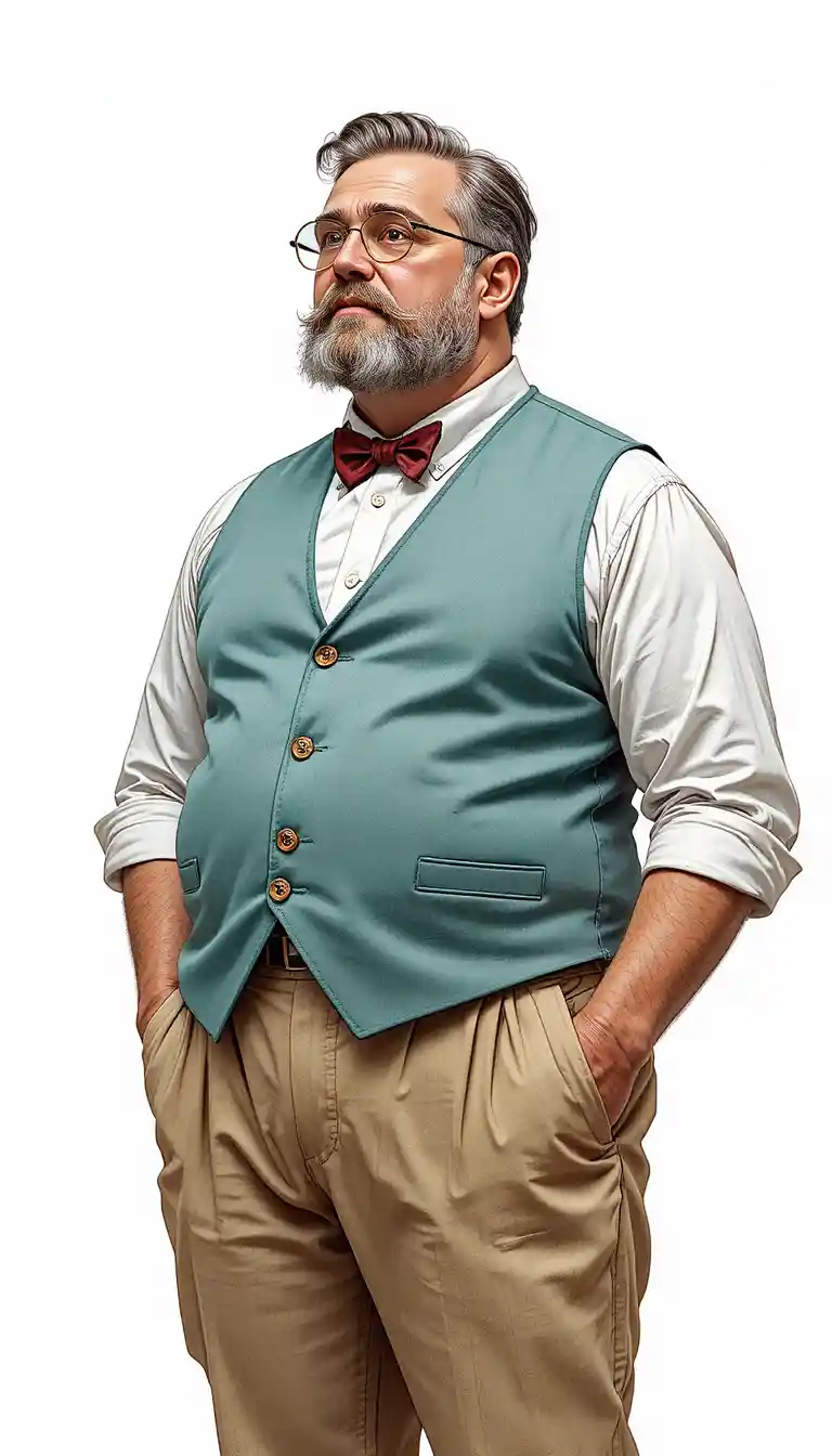 Portly gentleman in waistcoat and bow tie full body portrait