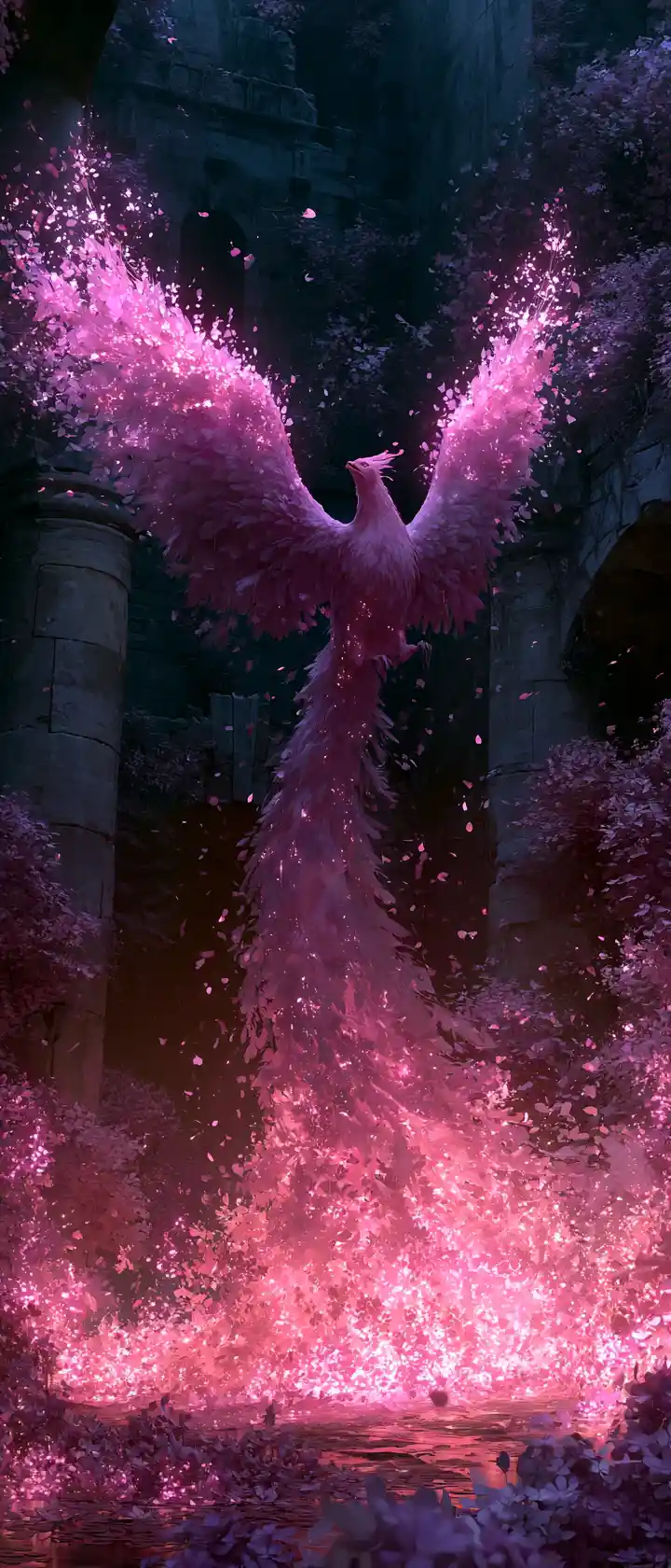 Phoenix Of Sakura Petals Rising In Ancient Ruined Temple