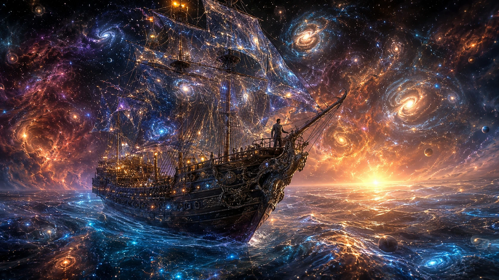 Ancient galleon sailing through a luminous star filled galaxy