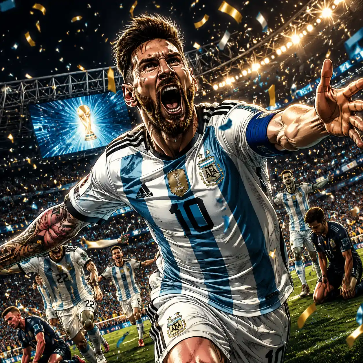 Dynamic comic soccer action in a dramatic stadium moment