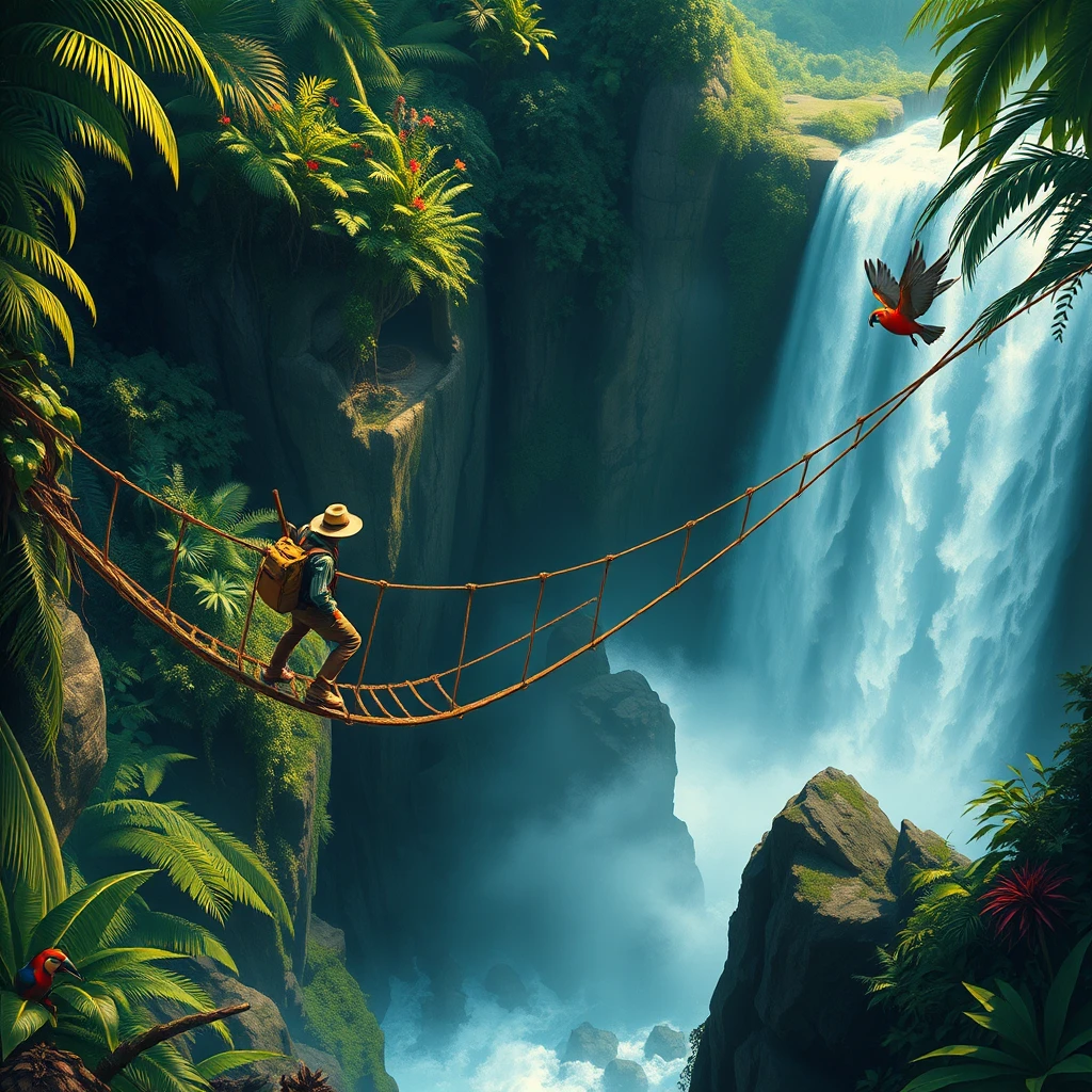 Explorers Crossing Rope Bridge Above Thunderous Waterfall