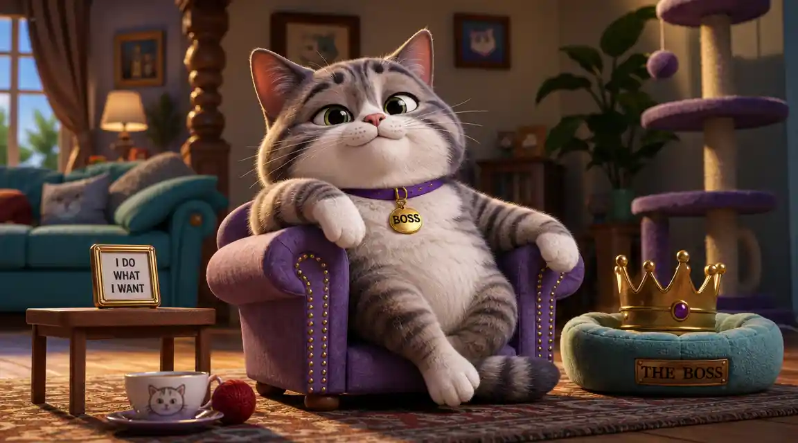 Cute cat sitting like a tiny boss in a toy chair