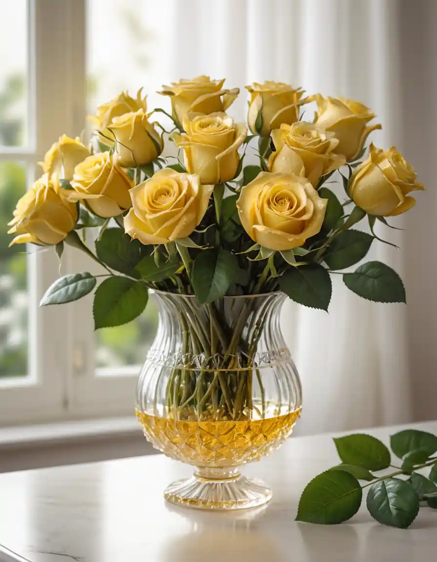 Golden yellow roses in crystal vase with satin banner