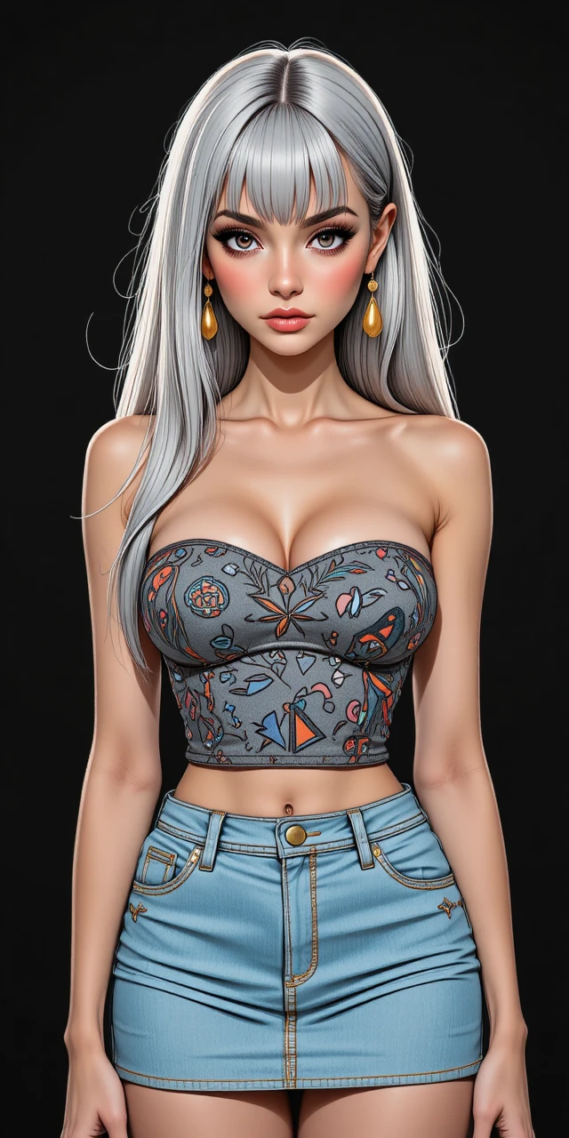 Stylized woman in bandeau top and denim skirt on black