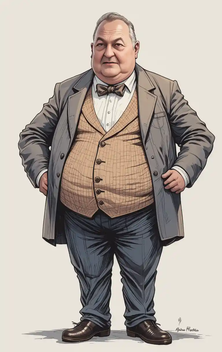 Stern overweight man in formal suit on white background