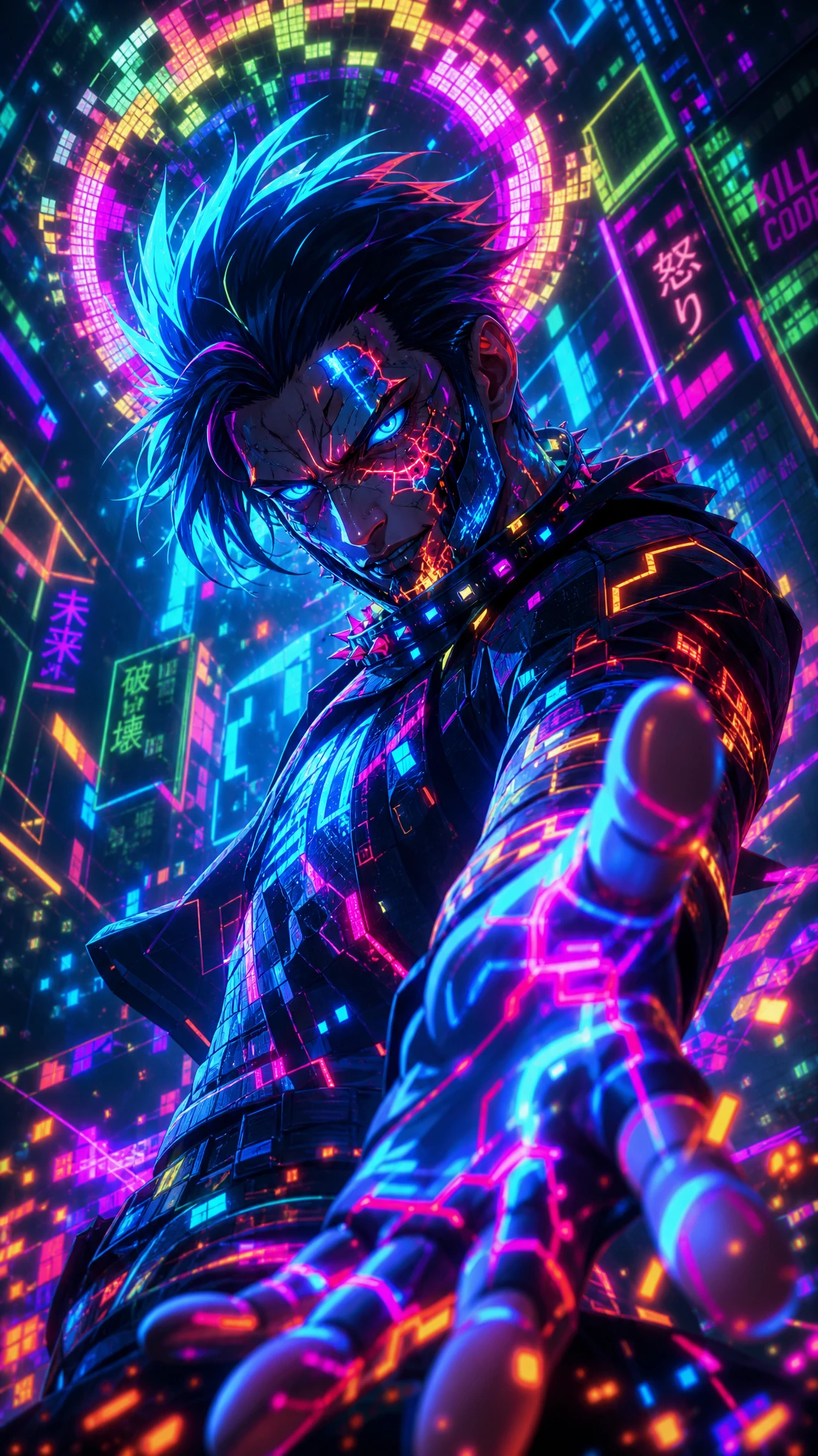 Cyberpunk man with glowing circuitry in dramatic neon light