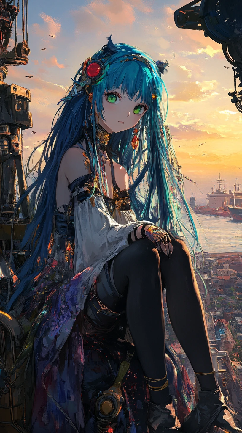Fille d’anime assise sur un robot détruit au lever du soleil