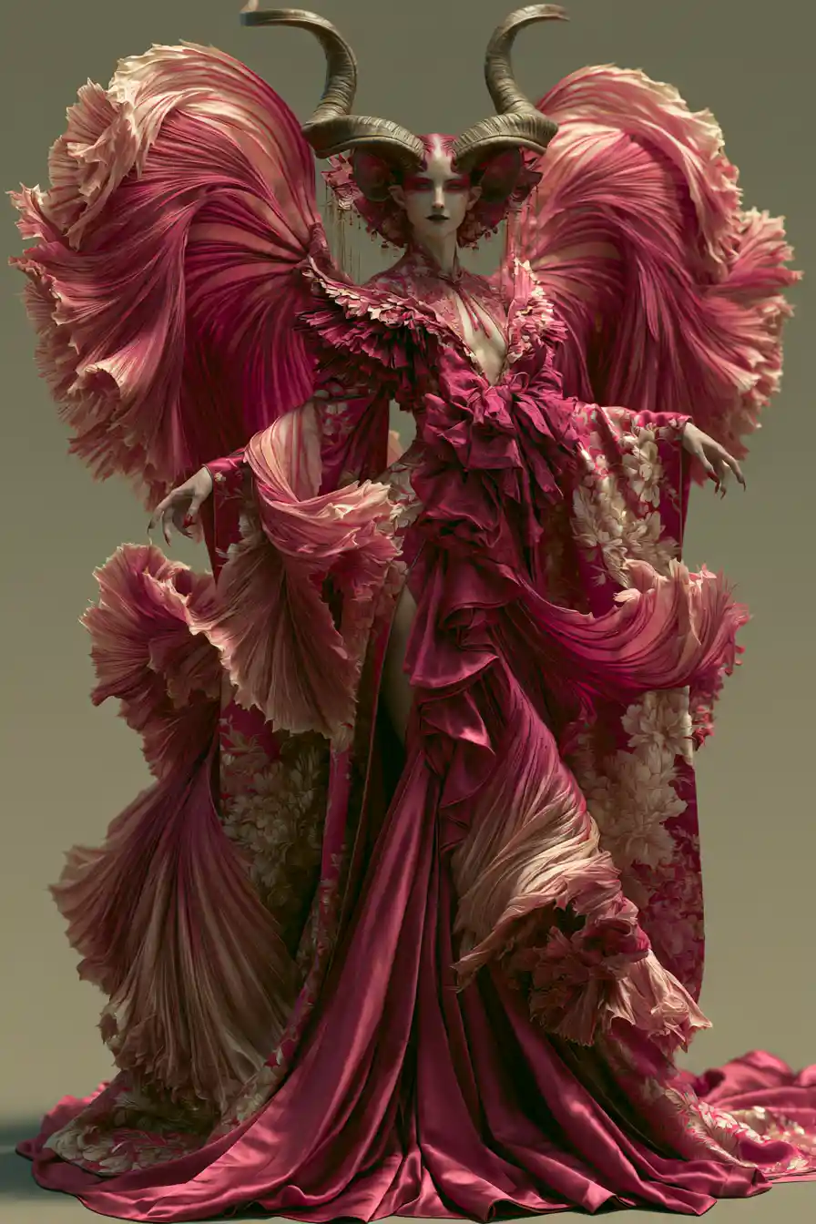 Demoness In Flowing Kimono With Horns And Rosetail Wings
