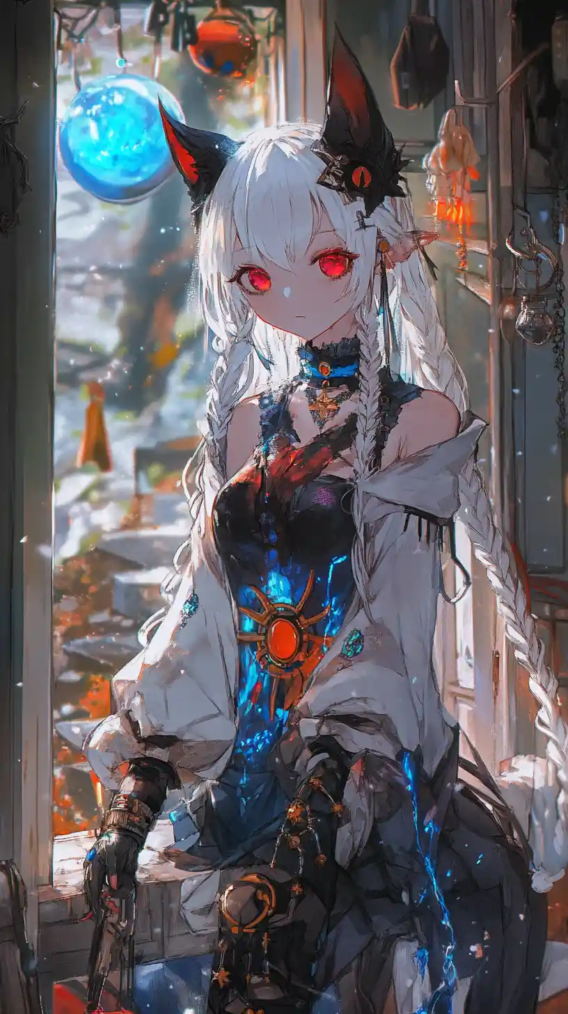 Anime chase of a black cat up an old house staircase