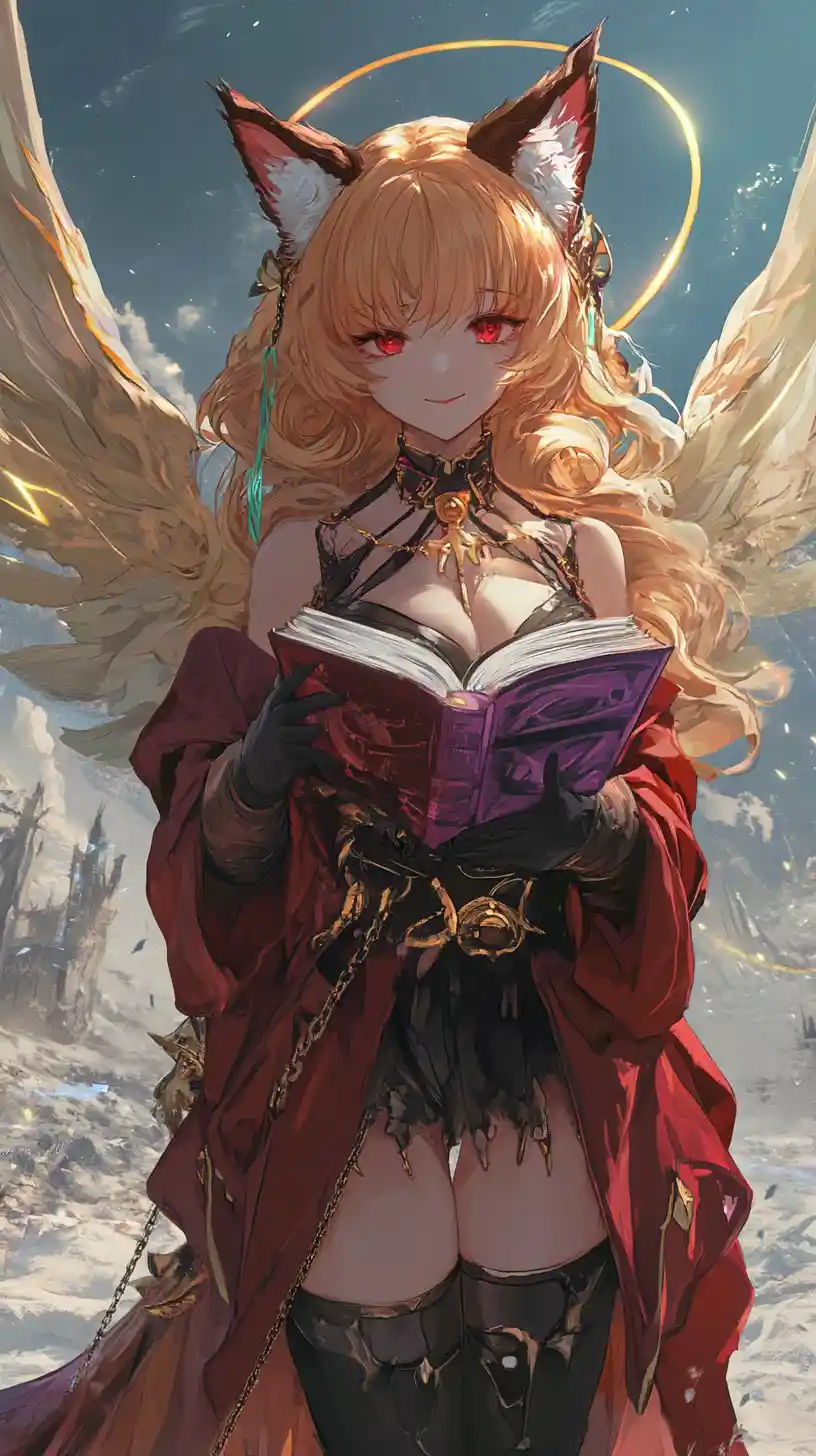 Angel winged girl with spear before desert fantasy castle
