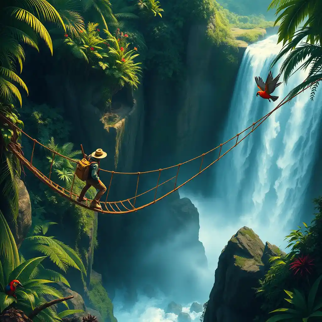 Explorers Crossing Rope Bridge Above Thunderous Waterfall