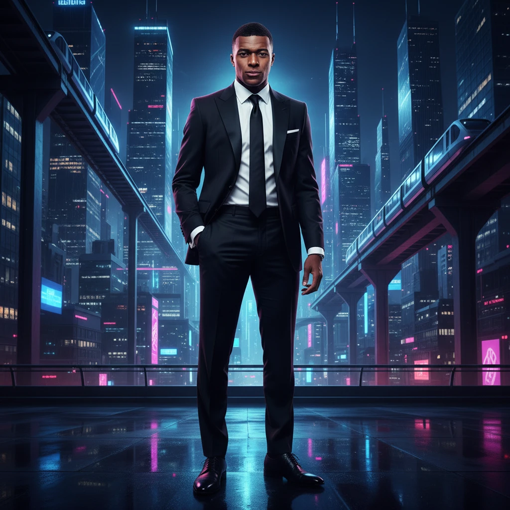 Confident man in black suit before futuristic city skyline