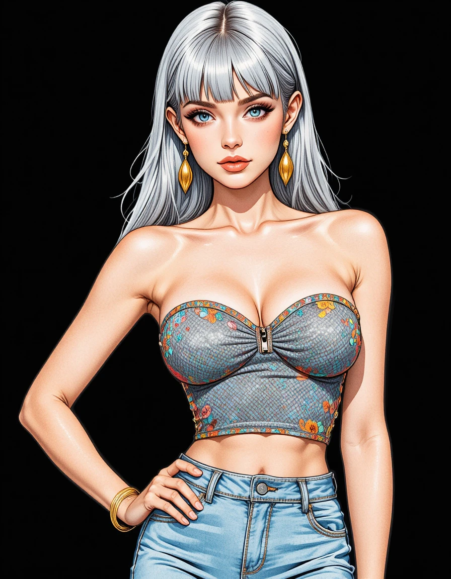 Confident woman in bandeau top and denim skirt illustration