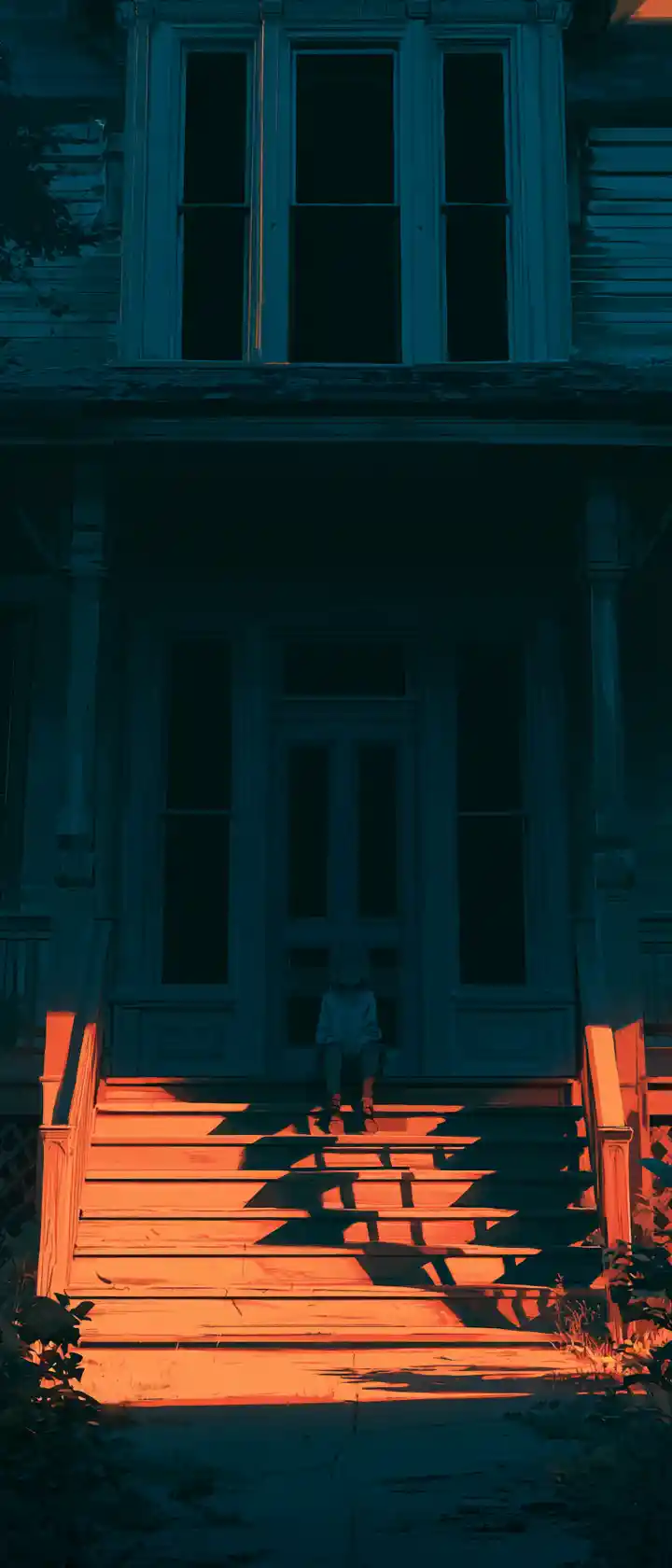 Anime hero sitting on a quiet suburban porch at dusk