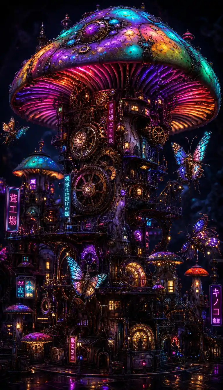 Clockwork fantasy city inside a glowing giant mushroom