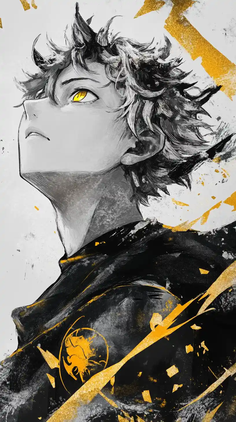 Stoisches Anime-Heldenporträt mit leuchtenden goldenen Fragmenten