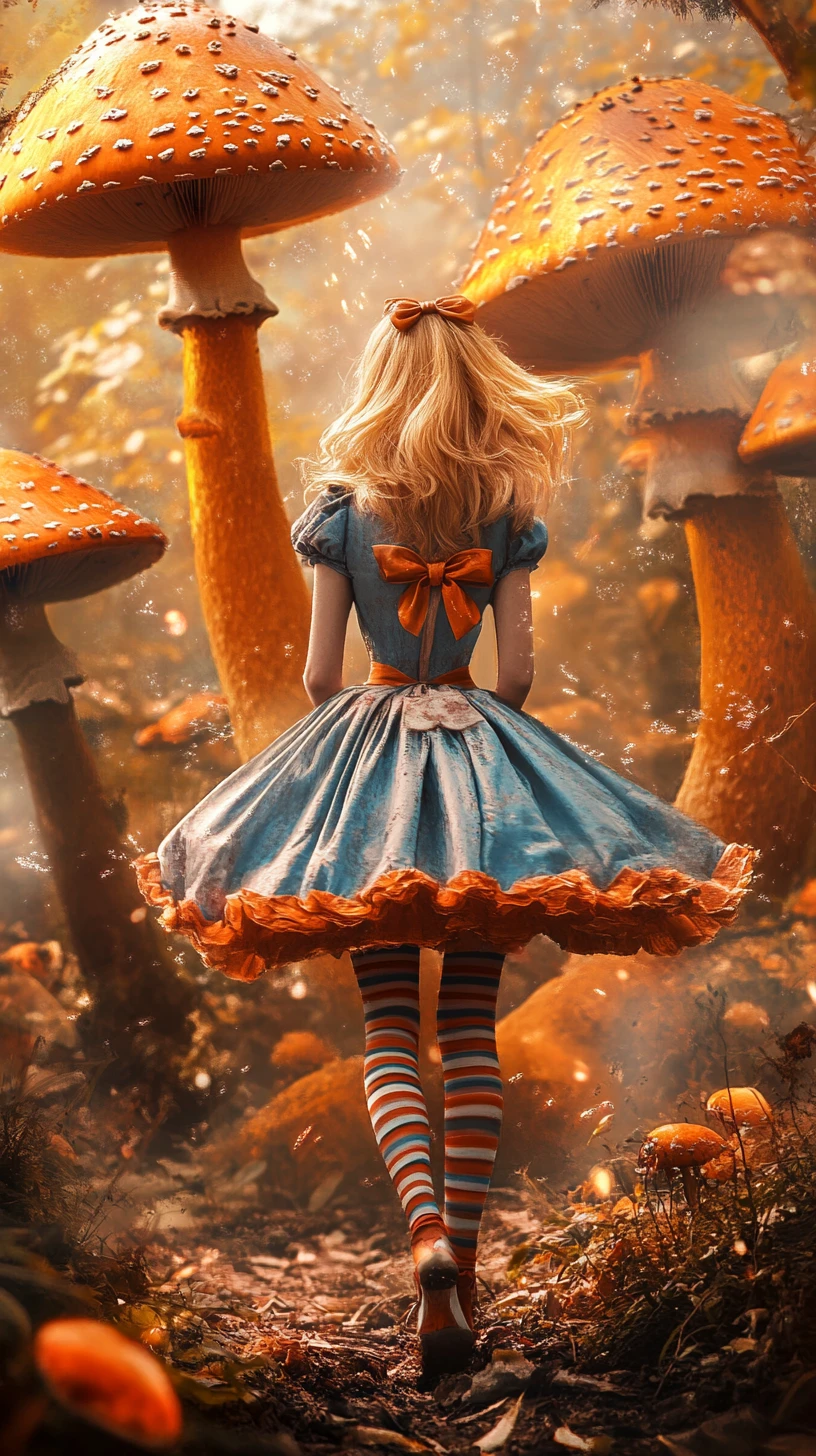 Fantasy girl in glowing mushroom forest at golden hour