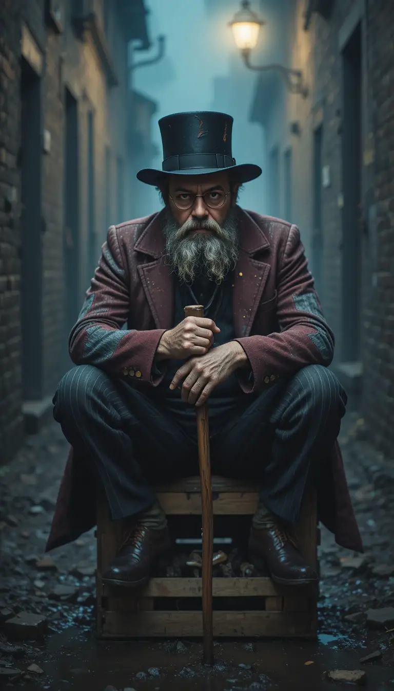 Weary bearded man resting on a crate in a foggy alley